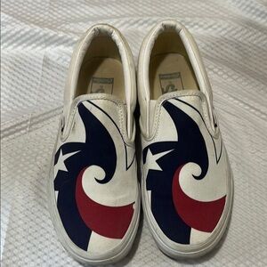 Vans White Slip-On Shoes with Red and Blue Design insole Says Custom,Texas Style